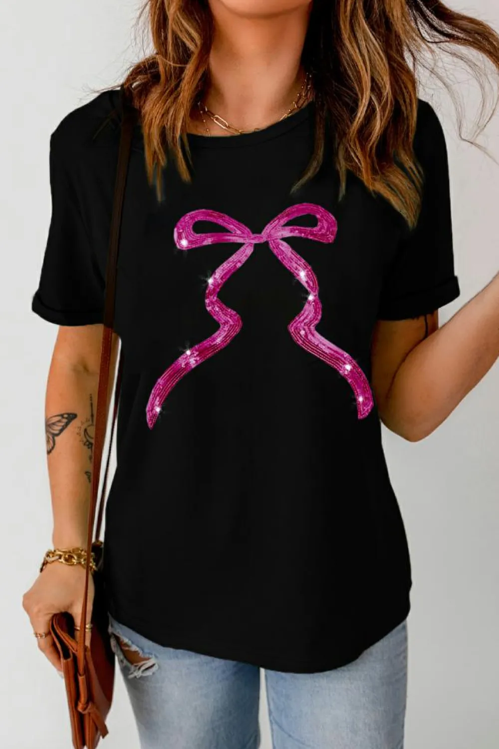 Clearance Dear-Lover Sequin Bow Ribbon Graphic T Shirt Black