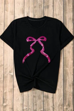 Clearance Dear-Lover Sequin Bow Ribbon Graphic T Shirt Black
