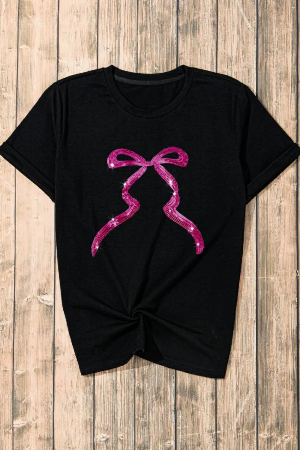 Clearance Dear-Lover Sequin Bow Ribbon Graphic T Shirt Black