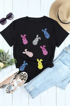 Best Dear-Lover Sequin Bunny Doll Graphic Easter Day T Shirt Black