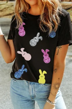 Best Dear-Lover Sequin Bunny Doll Graphic Easter Day T Shirt Black