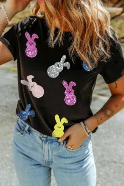Best Dear-Lover Sequin Bunny Doll Graphic Easter Day T Shirt Black