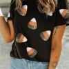 Fashion Dear-Lover Sequin Candy Patched Pattern Halloween T Shirt Black