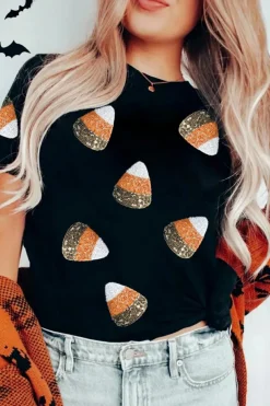 Fashion Dear-Lover Sequin Candy Patched Pattern Halloween T Shirt Black