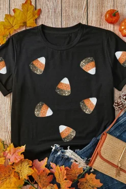 Fashion Dear-Lover Sequin Candy Patched Pattern Halloween T Shirt Black