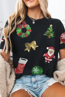 Fashion Dear-Lover Sequin Christmas Essentials Graphic Crewneck T Shirt Black