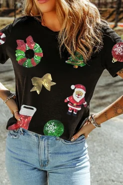 Fashion Dear-Lover Sequin Christmas Essentials Graphic Crewneck T Shirt Black