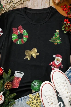 Fashion Dear-Lover Sequin Christmas Essentials Graphic Crewneck T Shirt Black