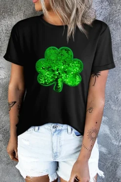 Sale Dear-Lover Sequin Clover Embroidered Round Neck Graphic Tee Black