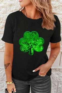 Sale Dear-Lover Sequin Clover Embroidered Round Neck Graphic Tee Black