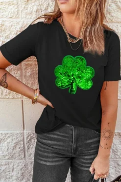 Sale Dear-Lover Sequin Clover Embroidered Round Neck Graphic Tee Black