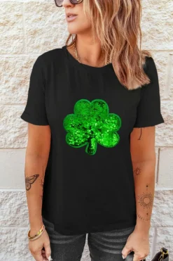 Sale Dear-Lover Sequin Clover Embroidered Round Neck Graphic Tee Black