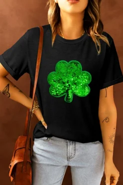 Sale Dear-Lover Sequin Clover Embroidered Round Neck Graphic Tee Black