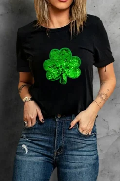 Sale Dear-Lover Sequin Clover Embroidered Round Neck Graphic Tee Black