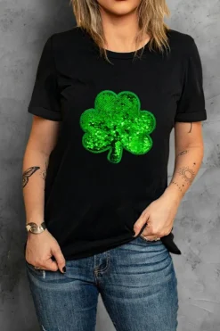 Sale Dear-Lover Sequin Clover Embroidered Round Neck Graphic Tee Black