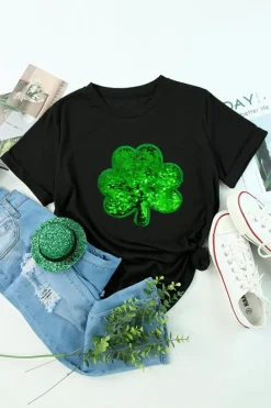 Sale Dear-Lover Sequin Clover Embroidered Round Neck Graphic Tee Black