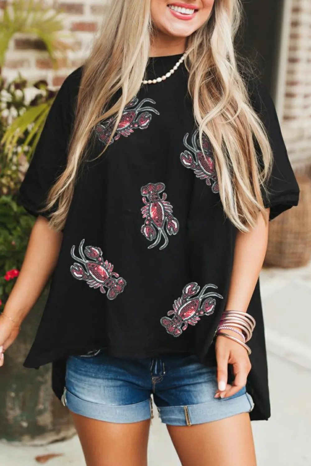Clearance Dear-Lover Sequin Crawfish Graphic High Low Loose T Shirt Black