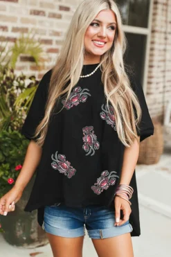 Clearance Dear-Lover Sequin Crawfish Graphic High Low Loose T Shirt Black