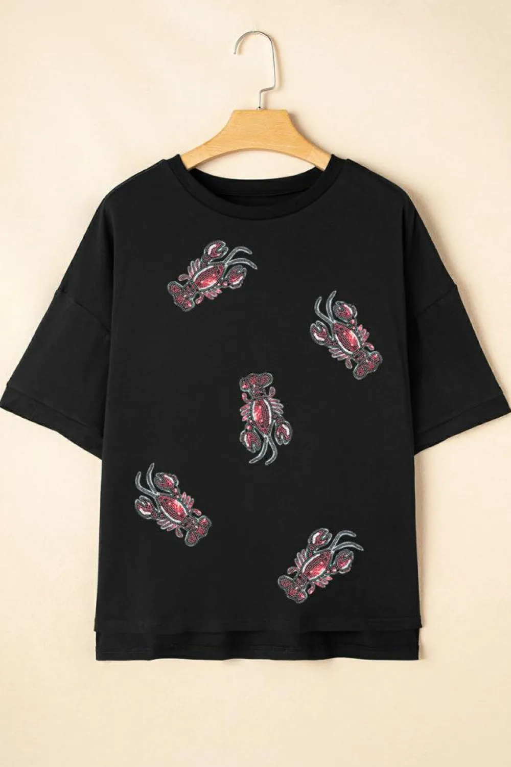 Clearance Dear-Lover Sequin Crawfish Graphic High Low Loose T Shirt Black