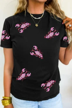 Sale Dear-Lover Sequin Crawfish Patched Crew Neck Tee Black