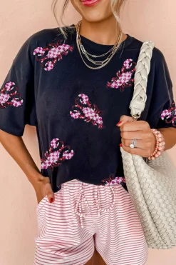 Sale Dear-Lover Sequin Crawfish Patched Crew Neck Tee Black