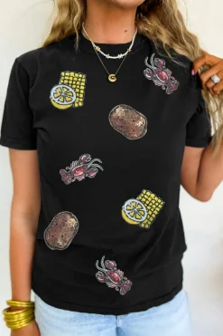 Hot Dear-Lover Sequin Crawfish Potato Lemon Corn Graphic Crewneck T Shirt Black