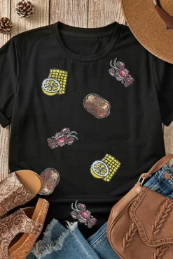 Hot Dear-Lover Sequin Crawfish Potato Lemon Corn Graphic Crewneck T Shirt Black