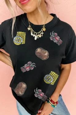 Hot Dear-Lover Sequin Crawfish Potato Lemon Corn Graphic Crewneck T Shirt Black