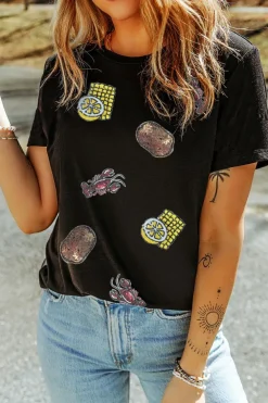 Hot Dear-Lover Sequin Crawfish Potato Lemon Corn Graphic Crewneck T Shirt Black