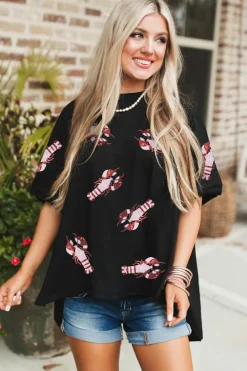 Discount Dear-Lover Sequin Crayfish Graphic Drop Sleeve High Low Tee Black