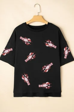 Discount Dear-Lover Sequin Crayfish Graphic Drop Sleeve High Low Tee Black
