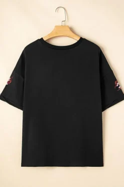 Discount Dear-Lover Sequin Crayfish Graphic Drop Sleeve High Low Tee Black
