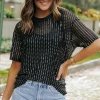Clearance Dear-Lover Sequin Drop Shoulder Sheer T-shirt Black
