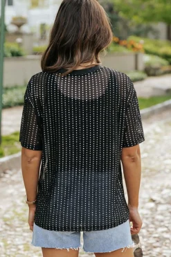 Clearance Dear-Lover Sequin Drop Shoulder Sheer T-shirt Black