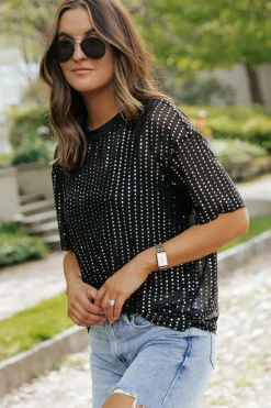 Clearance Dear-Lover Sequin Drop Shoulder Sheer T-shirt Black