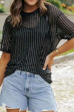 Clearance Dear-Lover Sequin Drop Shoulder Sheer T-shirt Black