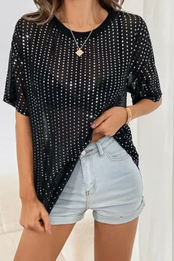 Clearance Dear-Lover Sequin Drop Shoulder Sheer T-shirt Black
