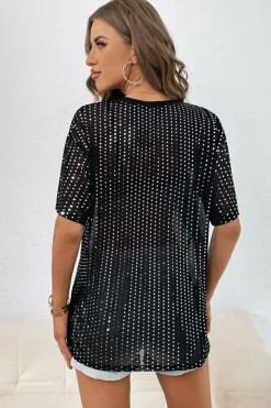 Clearance Dear-Lover Sequin Drop Shoulder Sheer T-shirt Black