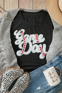 Outlet Dear-Lover Sequin Game Day Graphic Crew Neck Tee Black