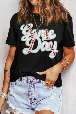 Outlet Dear-Lover Sequin Game Day Graphic Crew Neck Tee Black