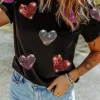 Hot Dear-Lover Sequin Heart Patched Pattern Crewneck Valentines Tee Black
