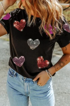 Hot Dear-Lover Sequin Heart Patched Pattern Crewneck Valentines Tee Black