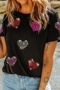 Hot Dear-Lover Sequin Heart Patched Pattern Crewneck Valentines Tee Black