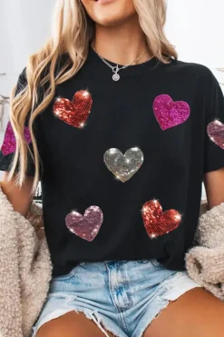 Hot Dear-Lover Sequin Heart Patched Pattern Crewneck Valentines Tee Black