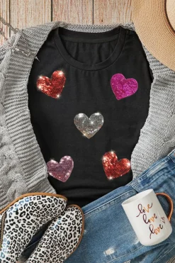 Hot Dear-Lover Sequin Heart Patched Pattern Crewneck Valentines Tee Black