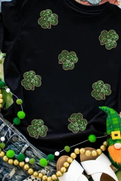 Online Dear-Lover Sequin Leopard Clover Graphic Crewneck St Patrick Tee Black