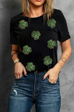 Online Dear-Lover Sequin Leopard Clover Graphic Crewneck St Patrick Tee Black