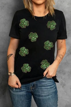 Online Dear-Lover Sequin Leopard Clover Graphic Crewneck St Patrick Tee Black