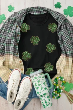 Online Dear-Lover Sequin Leopard Clover Graphic Crewneck St Patrick Tee Black