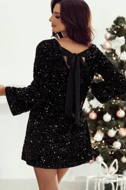 Fashion Dear-Lover Sequin Long Sleeve Knot Cutout Back Mini Dress Black